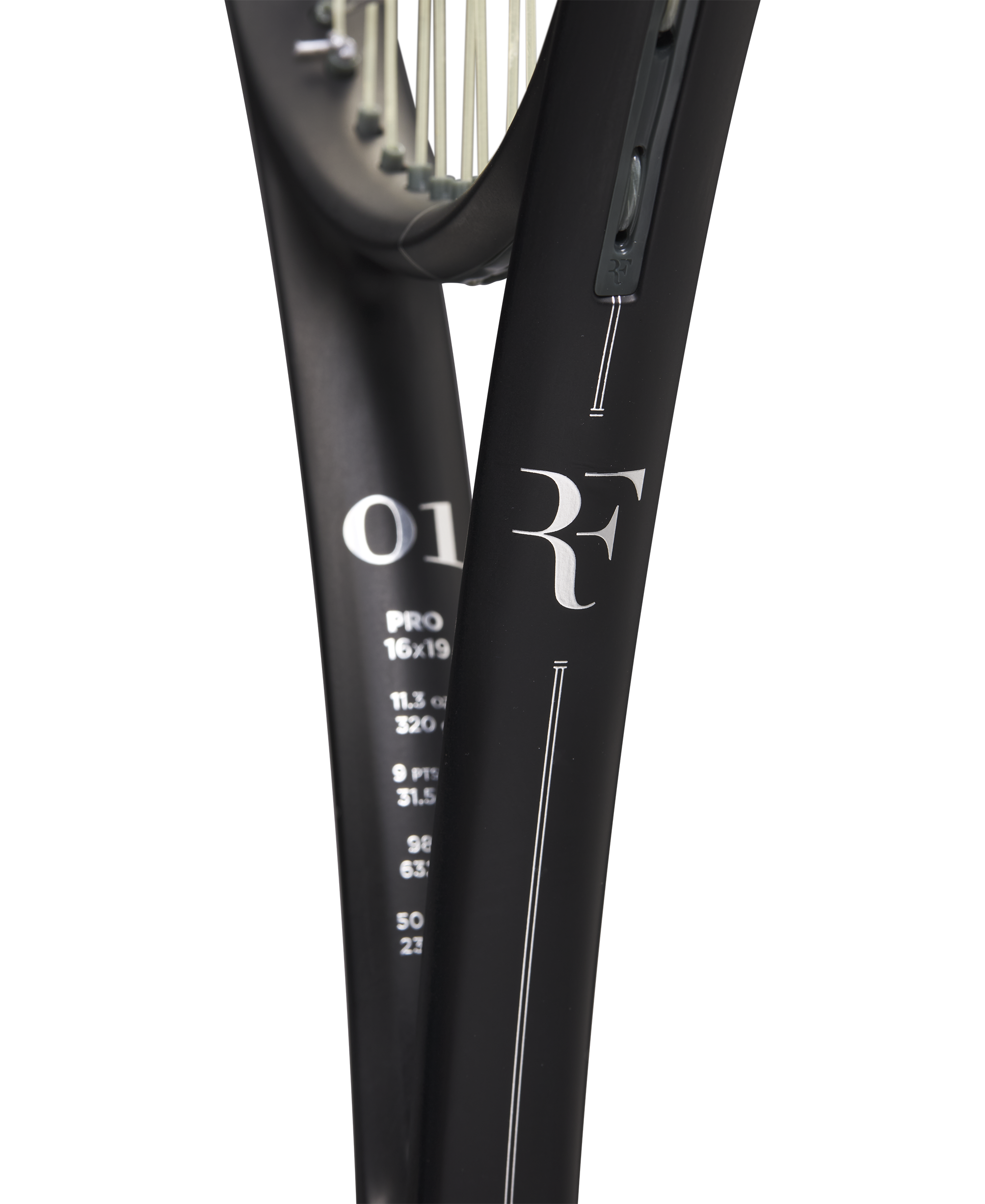 A Wilson RF 01 Pro high-performance control tennis racket that shows off its clean black and silver colouring, premium leather grip, and RF Roger Federer logo