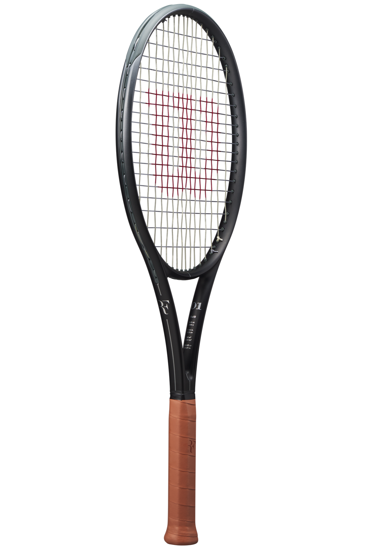A Wilson RF 01 high-performance control tennis racket that shows off its black and silver colourway, plus the premium leather grip and RF Roger Federer logo