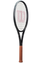 A Wilson RF 01 high-performance control tennis racket that shows off its black and silver colourway, plus the premium leather grip and RF Roger Federer logo
