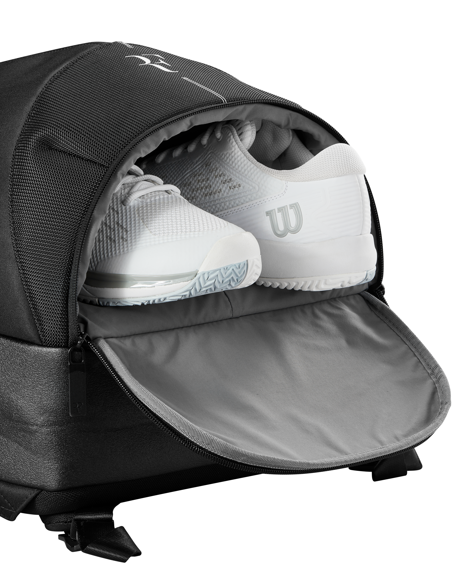 Wilson RF Backpack featuring Roger Federer-inspired styling, dedicated racquet storage, multiple compartments, and premium construction.