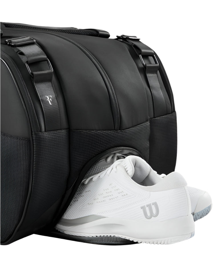 Wilson RF Tournament Bag featuring Roger Federer-inspired styling, multiple racquet compartments, premium construction, and organized storage.