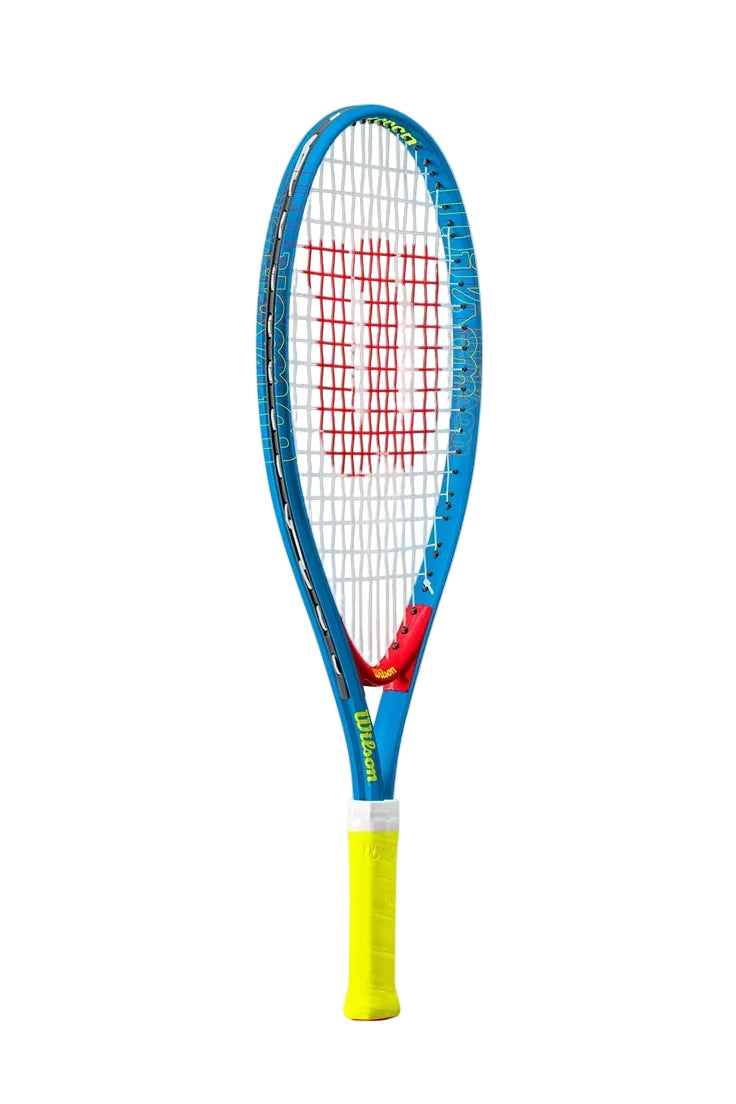 A Wilson US Open 21" Junior tennis racket that highlights its bright, fun multicolour colourway on the frame