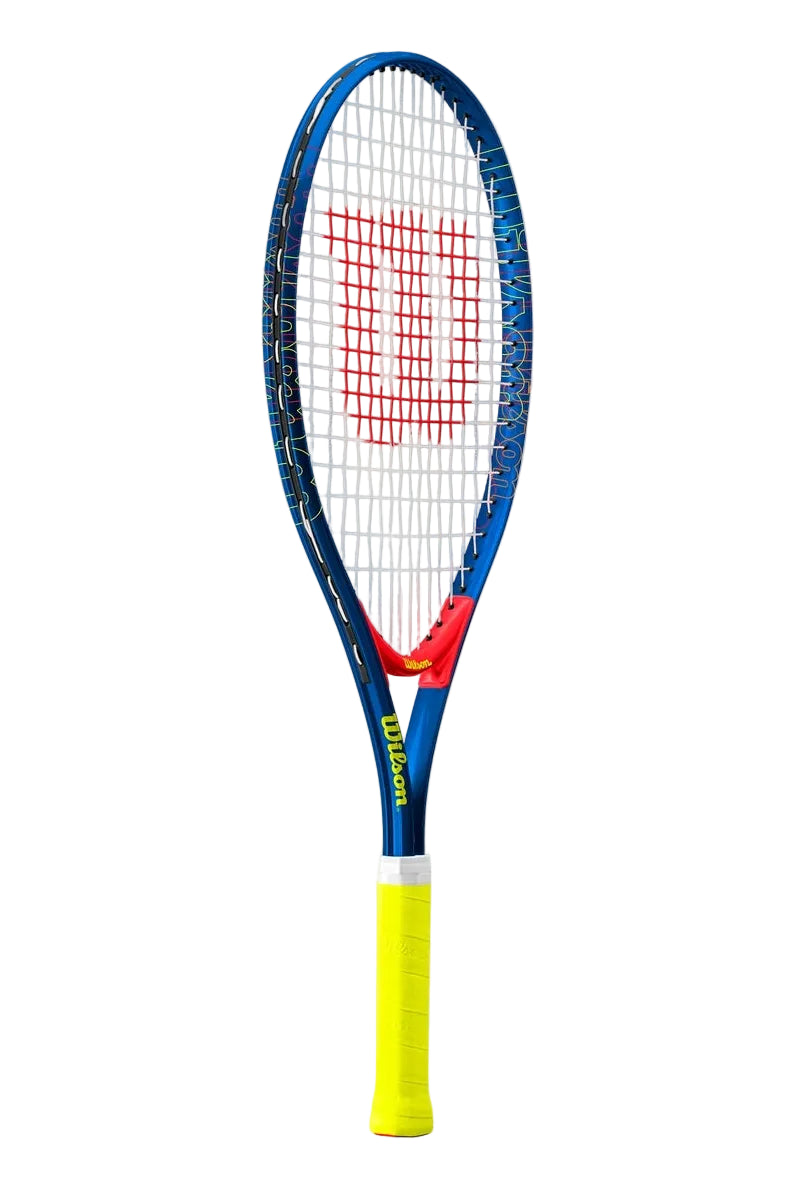 A Wilson US Open JR 25" Tennis Racket that shows off its fun, bright colours on the frame and grip