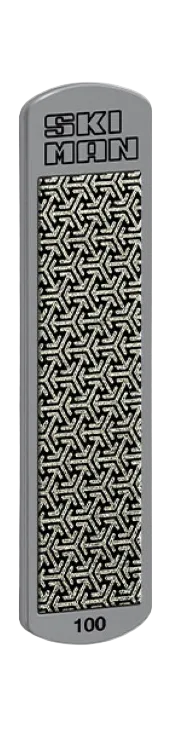 A Wintersteiger Ski Man Diamond File World Cup showing a rectangular rigid metal backing plate, continuous diamond abrasive surface pad with an interlocking geometric dot pattern, and branded label text.