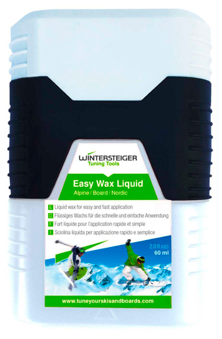Wintersteiger Easy Wax Liquid showing a 60ml ergonomic plastic container with a black textured rubberized grip band, integrated sponge applicator top, and product label featuring multi-language application text.