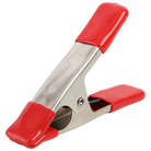 A Wintersteiger Greatneck 1" Steel Spring Clamp showing nickel-plated steel body, high-tension coil spring, 1-inch jaw opening, non-marring vinyl-dipped jaw tips, and red vinyl-coated handles.