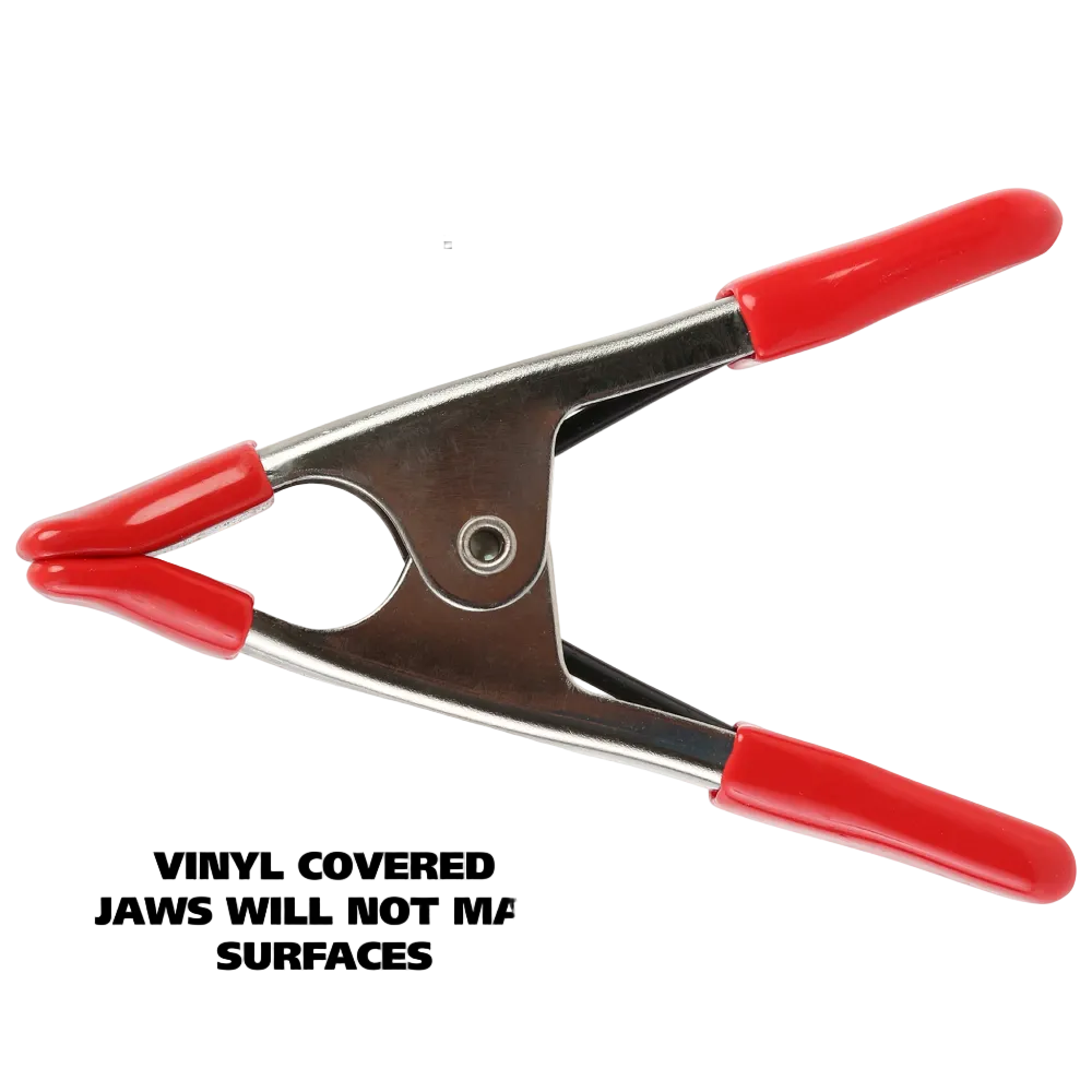 A Wintersteiger Greatneck 1" Steel Spring Clamp showing nickel-plated steel body, high-tension coil spring, 1-inch jaw opening, non-marring vinyl-dipped jaw tips, and red vinyl-coated handles.