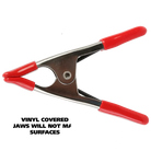 A Wintersteiger Greatneck 1" Steel Spring Clamp showing nickel-plated steel body, high-tension coil spring, 1-inch jaw opening, non-marring vinyl-dipped jaw tips, and red vinyl-coated handles.