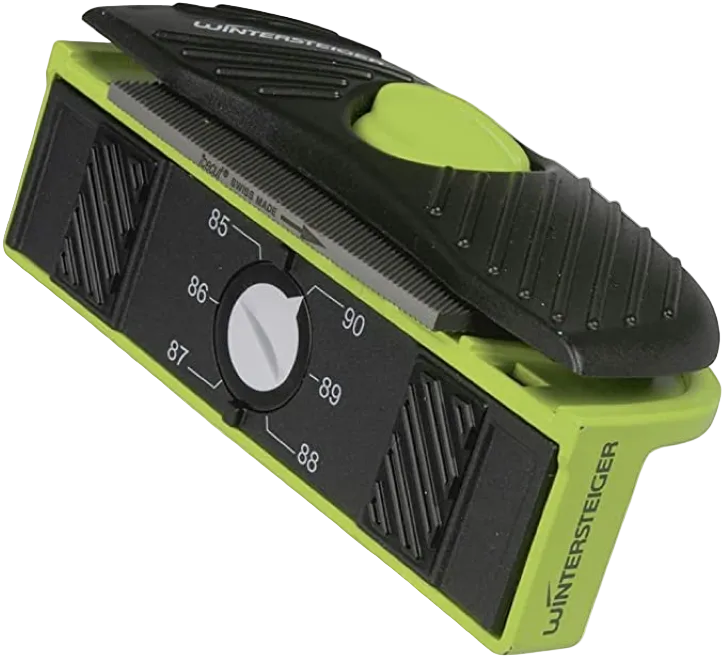 A Wintersteiger Pro Sharp Race File Guide showing an angled extruded aluminum body with a central thumbscrew clamp, an adjustable bevel angle slot, and a smooth base reference plate.