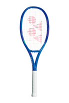 A Yonex Ezone 100 V8 (2025) high-performance power tennis racquet with a blue frame and white grip.