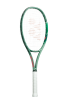 A Yonex PERCEPT 100 high-performance control tennis racket with a white, green, and pink design.
