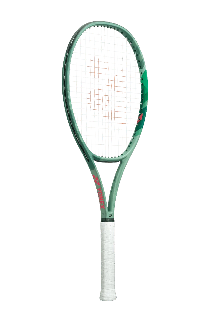 A Yonex PERCEPT 100 high-performance control tennis racket with a white, green, and pink design.