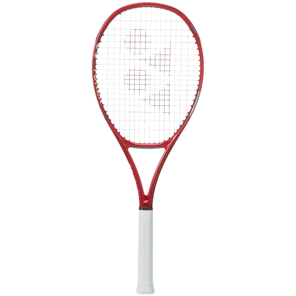 A Yonex VCore Ace V8 tennis racket that highlights the glossy red color scheme