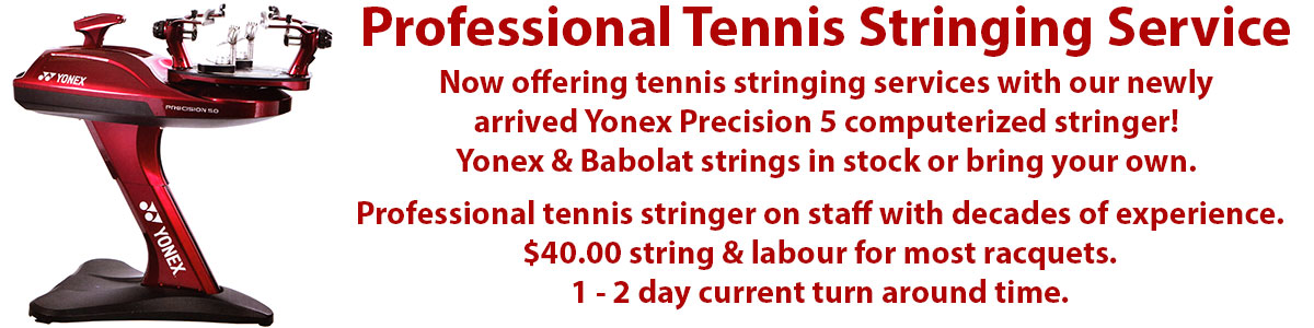 Professional tennis stringing services at Swiss Sports Haus 604-922-9107.
